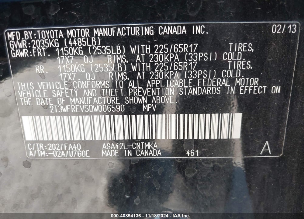2013 TOYOTA RAV4 XLE VIN: 2T3WFREV5DW006590