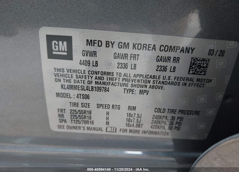 2020 BUICK ENCORE GX AWD SELECT VIN: KL4MMESL4LB109784