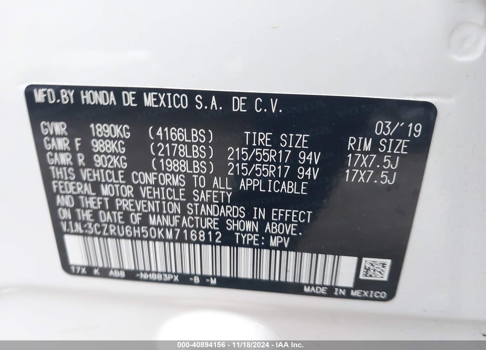 2019 HONDA HR-V EX VIN: 3CZRU6H50KM716812