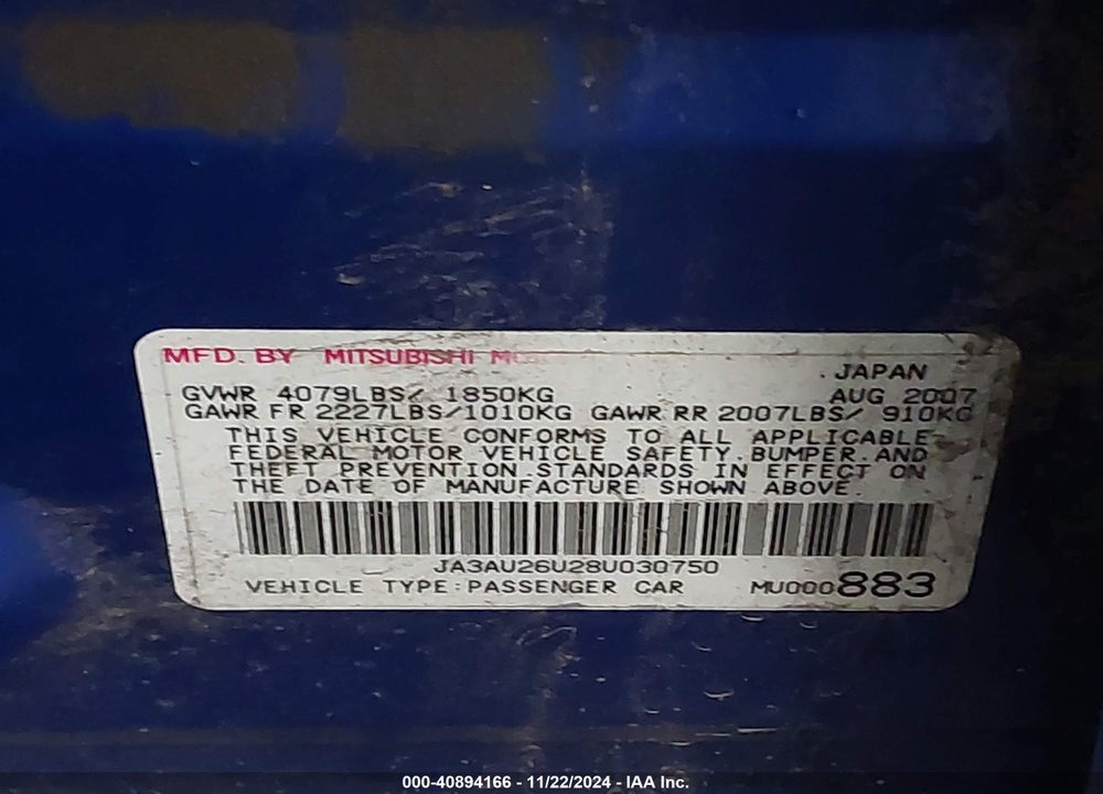2008 MITSUBISHI LANCER DE/ES VIN: JA3AU26U28U030750