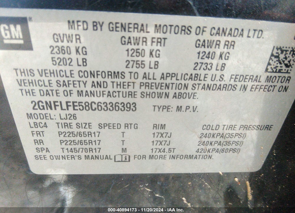 2012 CHEVROLET EQUINOX LTZ VIN: 2GNFLFE58C6336393