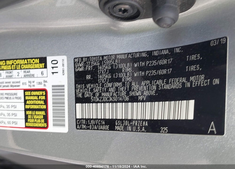 2019 TOYOTA SIENNA LE 8 PASSENGER VIN: 5TDKZ3DC3KS014706