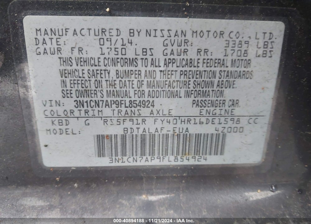 2015 NISSAN VERSA 1.6 S+ VIN: 3N1CN7AP9FL854924