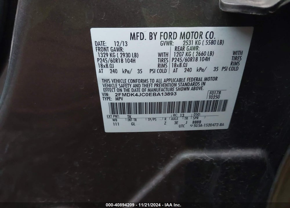 2014 FORD EDGE SEL VIN: 2FMDK4JC0EBA13893