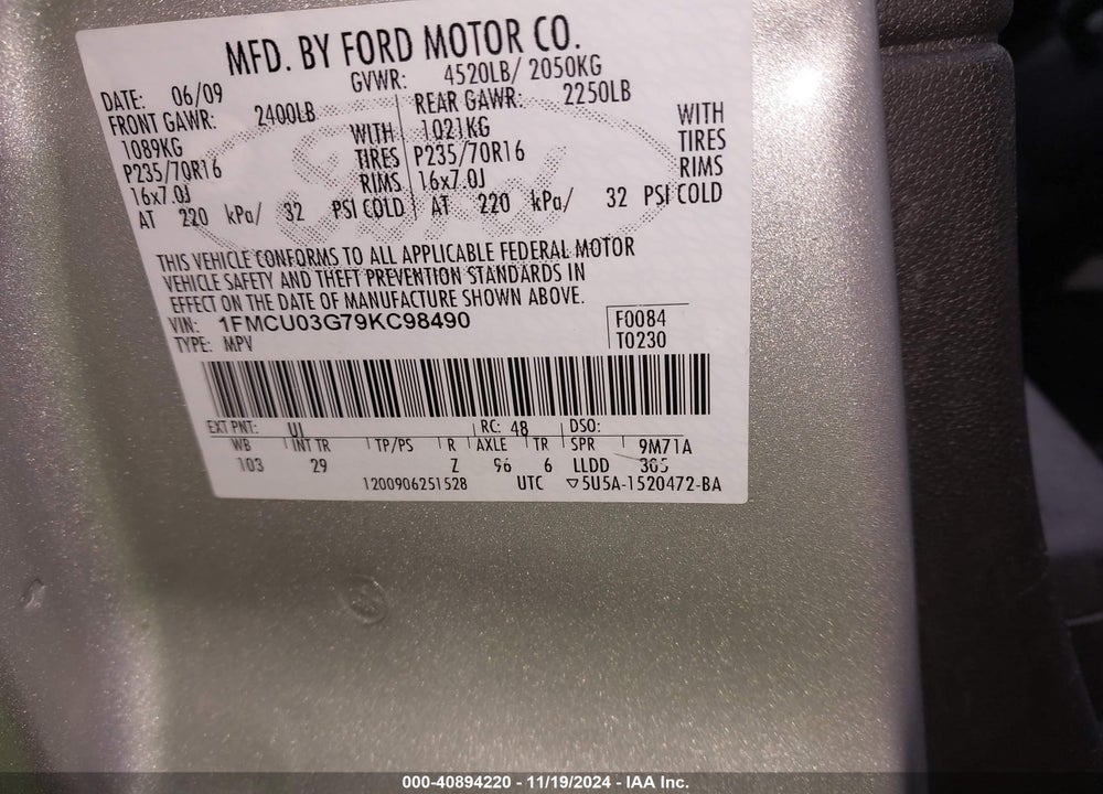 2009 FORD ESCAPE XLT VIN: 1FMCU03G79KC98490