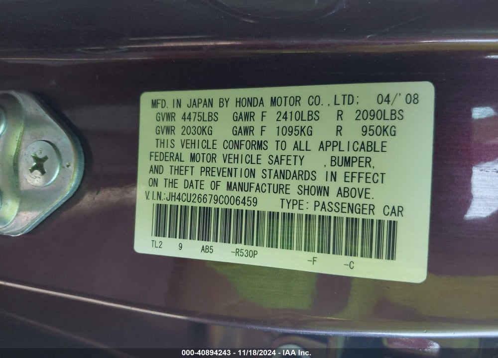 2009 ACURA TSX BASE (A5) VIN: JH4CU26679C006459