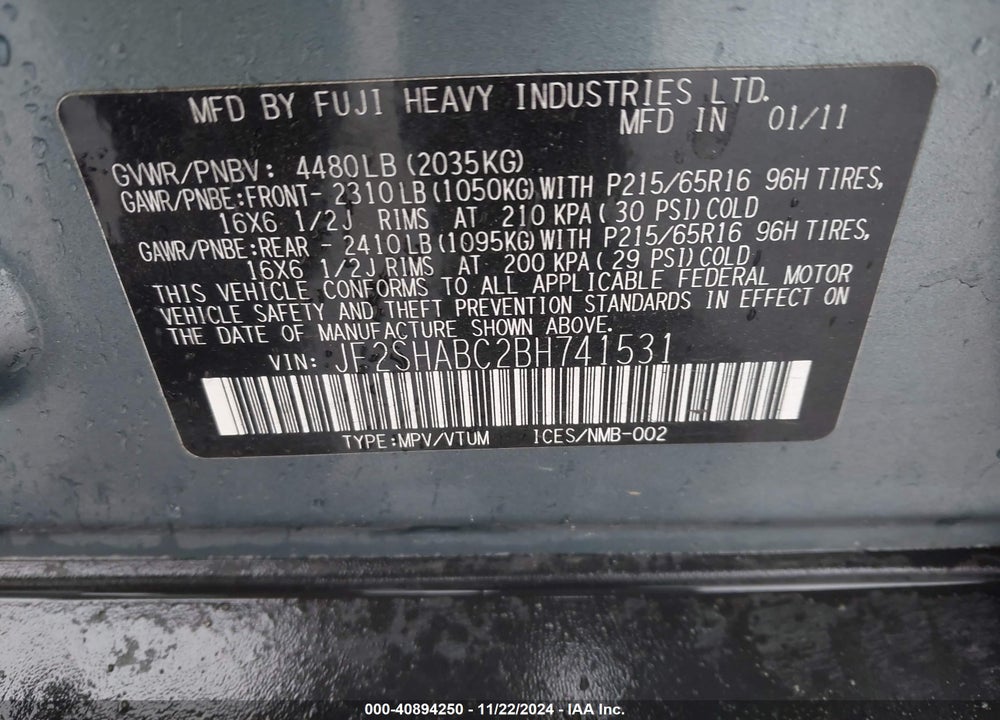 2011 SUBARU FORESTER 2.5X VIN: JF2SHABC2BH741531