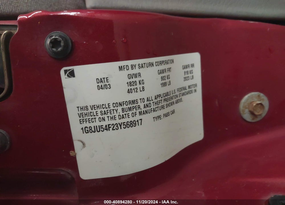 2003 SATURN L-SERIES L200 VIN: 1G8JU54F23Y568917