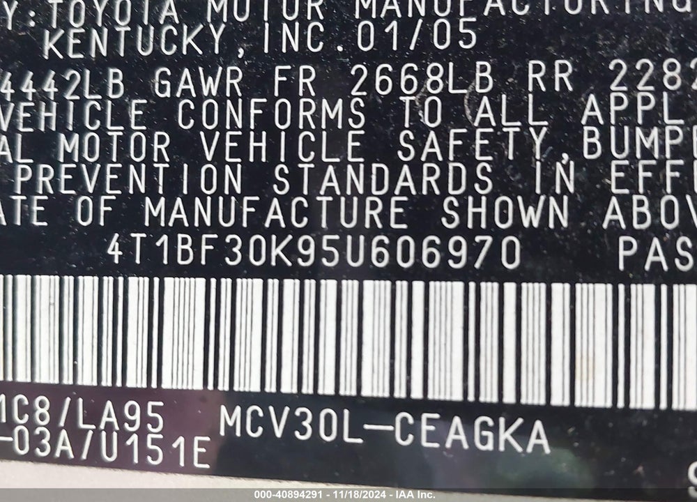 2005 TOYOTA CAMRY XLE V6 VIN: 4T1BF30K95U606970