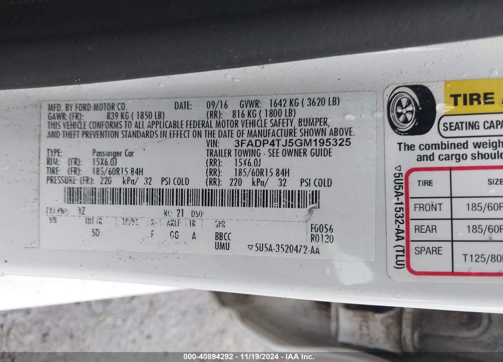 2016 FORD FIESTA S VIN: 3FADP4TJ5GM195325