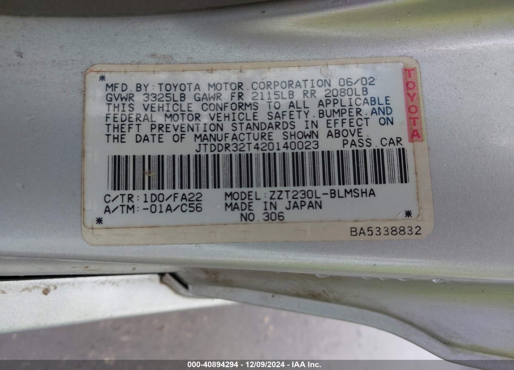 2002 TOYOTA CELICA GT VIN: JTDDR32T420140023