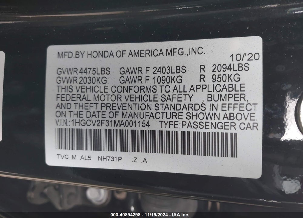 2021 HONDA ACCORD SPORT 2.0T VIN: 1HGCV2F31MA001154