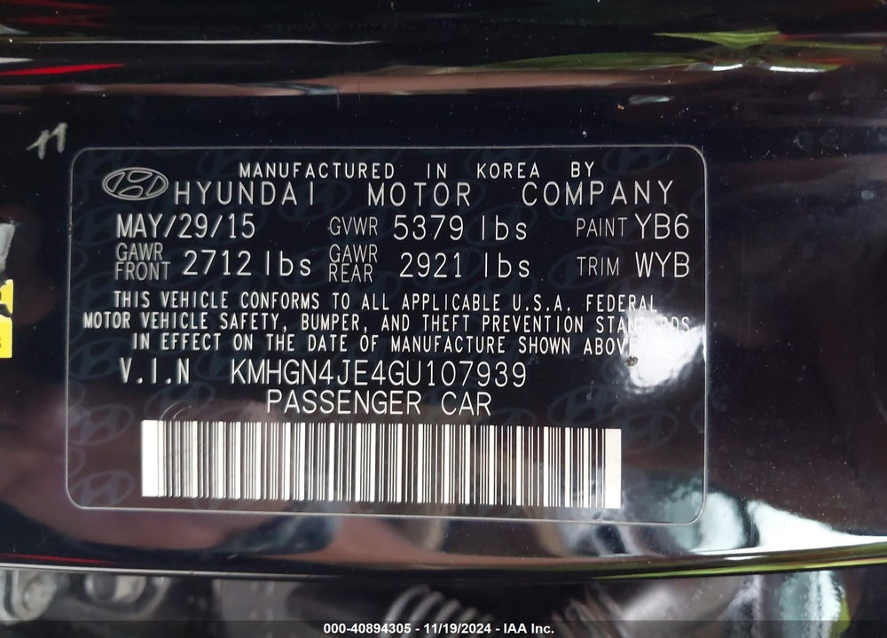2016 HYUNDAI GENESIS 3.8 VIN: KMHGN4JE4GU107939