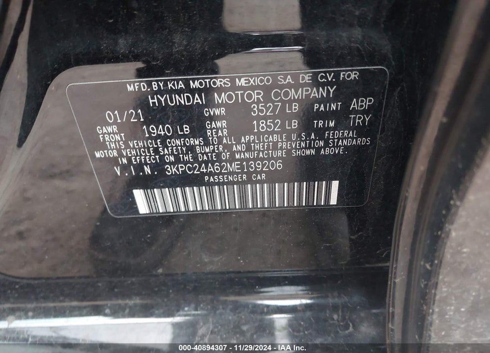 2021 HYUNDAI ACCENT VIN: 3KPC24A62ME139206