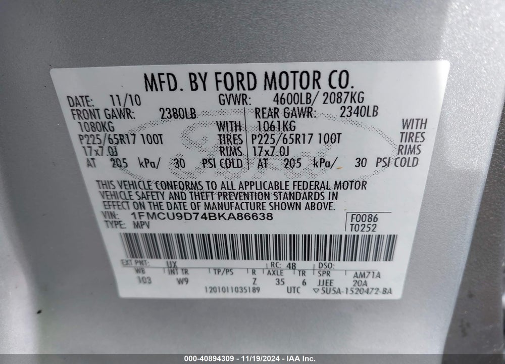 2011 FORD ESCAPE XLT VIN: 1FMCU9D74BKA86638