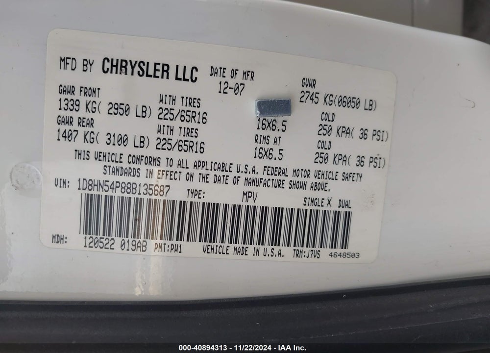 2008 DODGE GRAND CARAVAN SXT VIN: 1D8HN54P88B135687