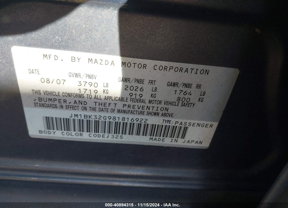 2008 MAZDA 3 I VIN: JM1BK32G981816922
