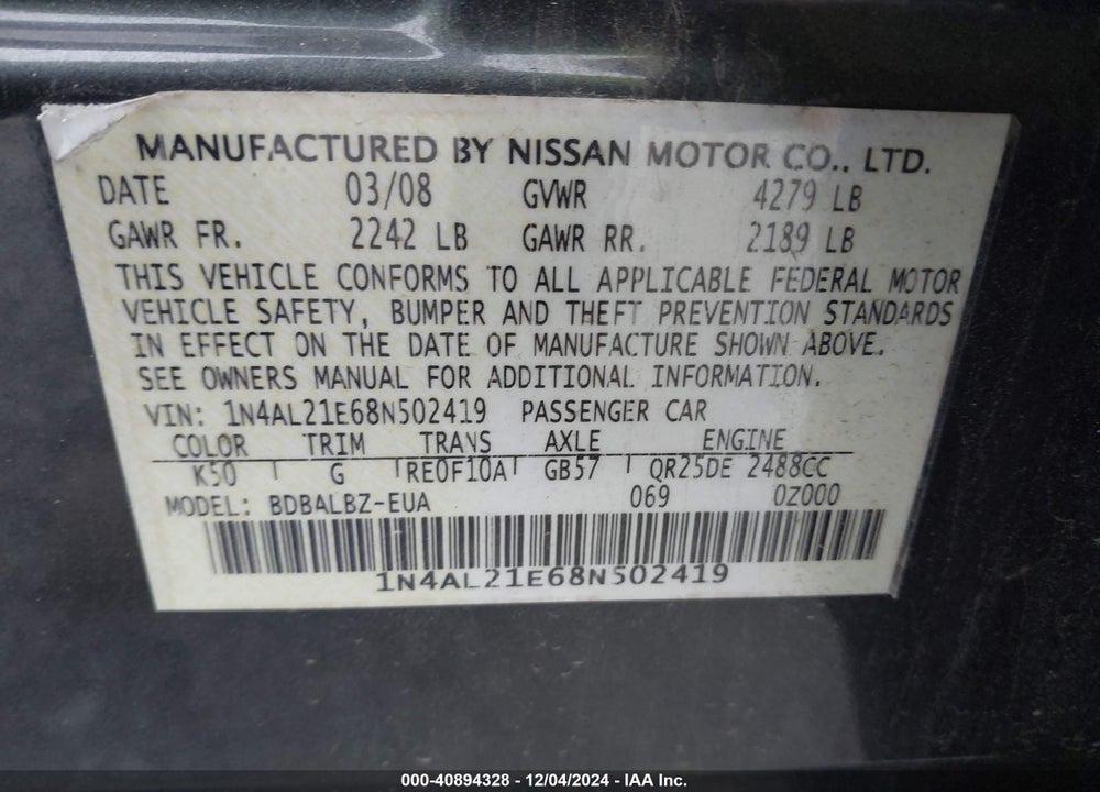 2008 NISSAN ALTIMA 2.5 S VIN: 1N4AL21E68N502419