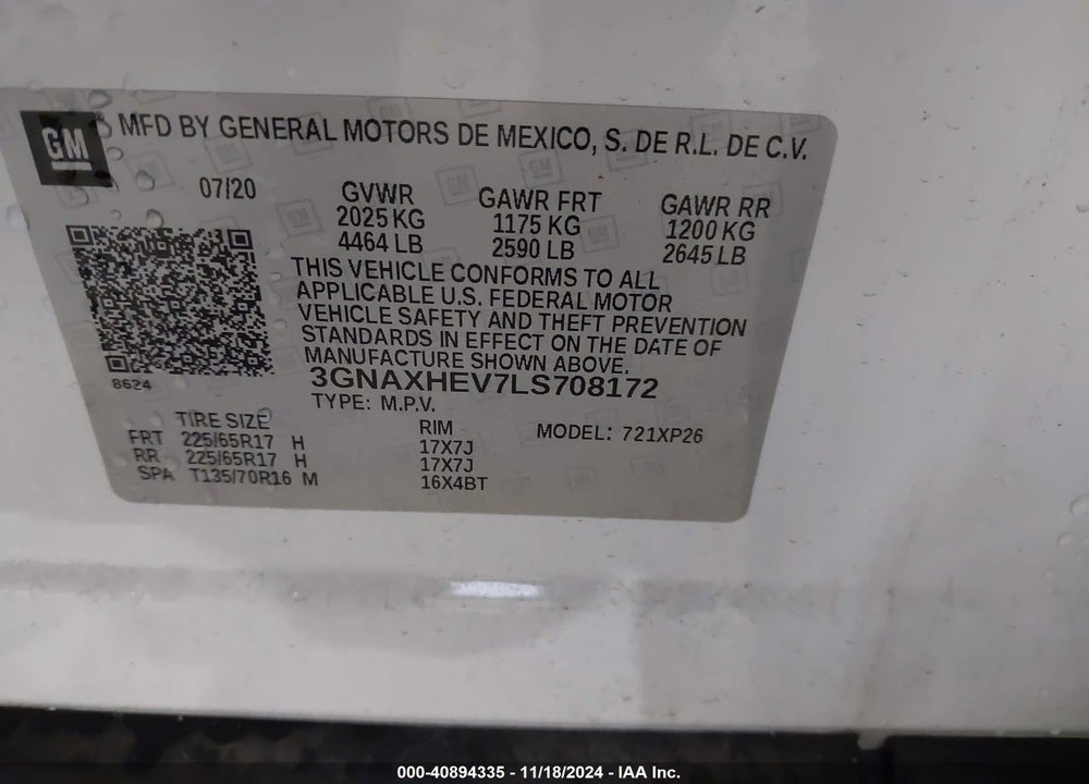 2020 CHEVROLET EQUINOX FWD LS VIN: 3GNAXHEV7LS708172