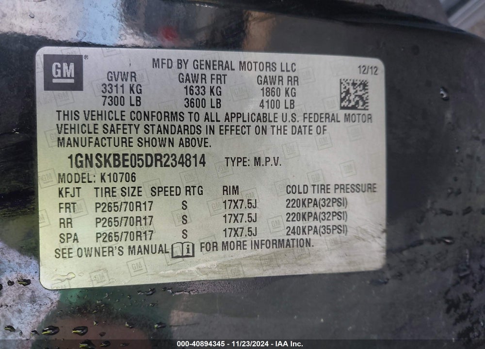 2013 CHEVROLET TAHOE LT VIN: 1GNSKBE05DR234814