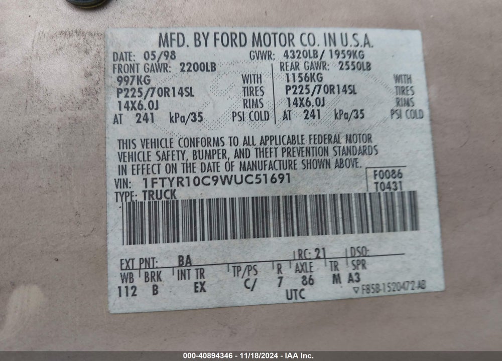 1998 FORD RANGER SPLASH/XL/XLT VIN: 1FTYR10C9WUC51691