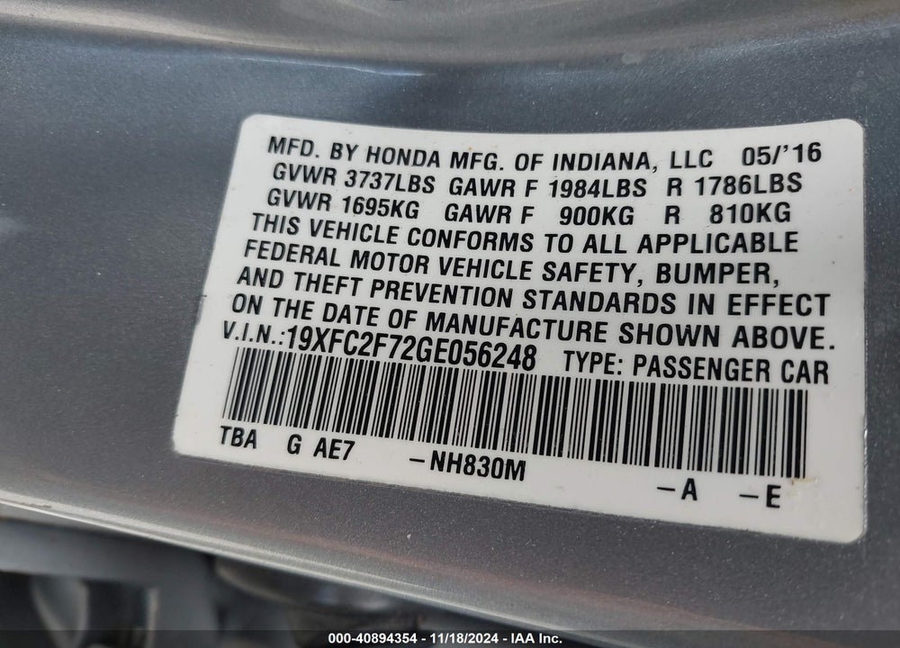 2016 HONDA CIVIC EX VIN: 19XFC2F72GE056248