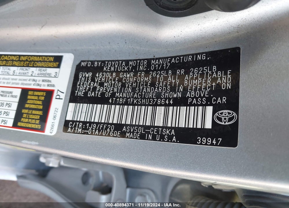 2017 TOYOTA CAMRY VIN: 4T1BF1FK5HU378644