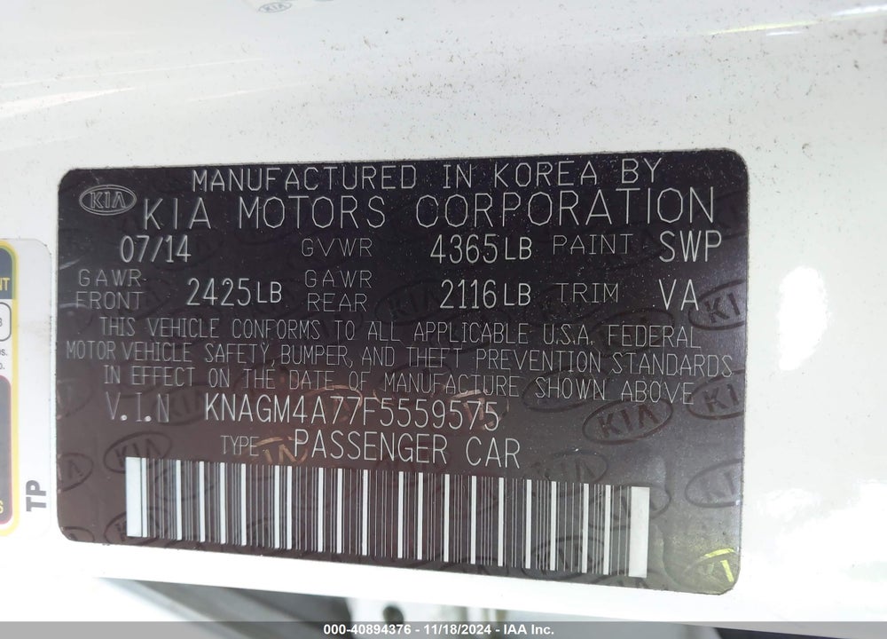 2015 KIA OPTIMA LX VIN: KNAGM4A77F5559575