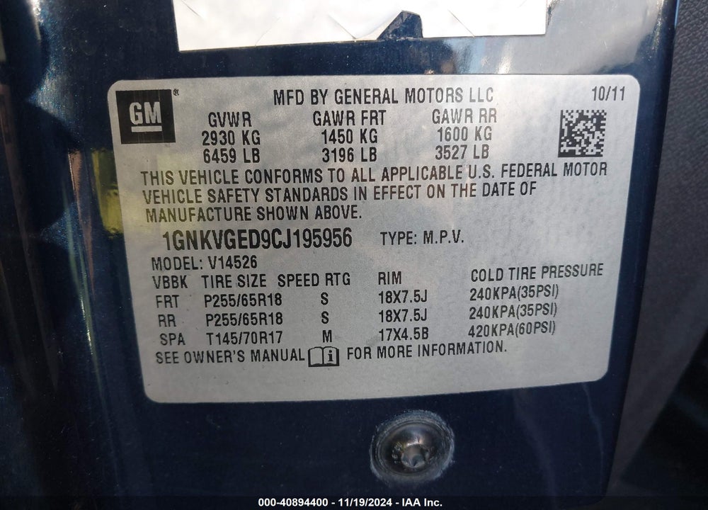 2012 CHEVROLET TRAVERSE 1LT VIN: 1GNKVGED9CJ195956