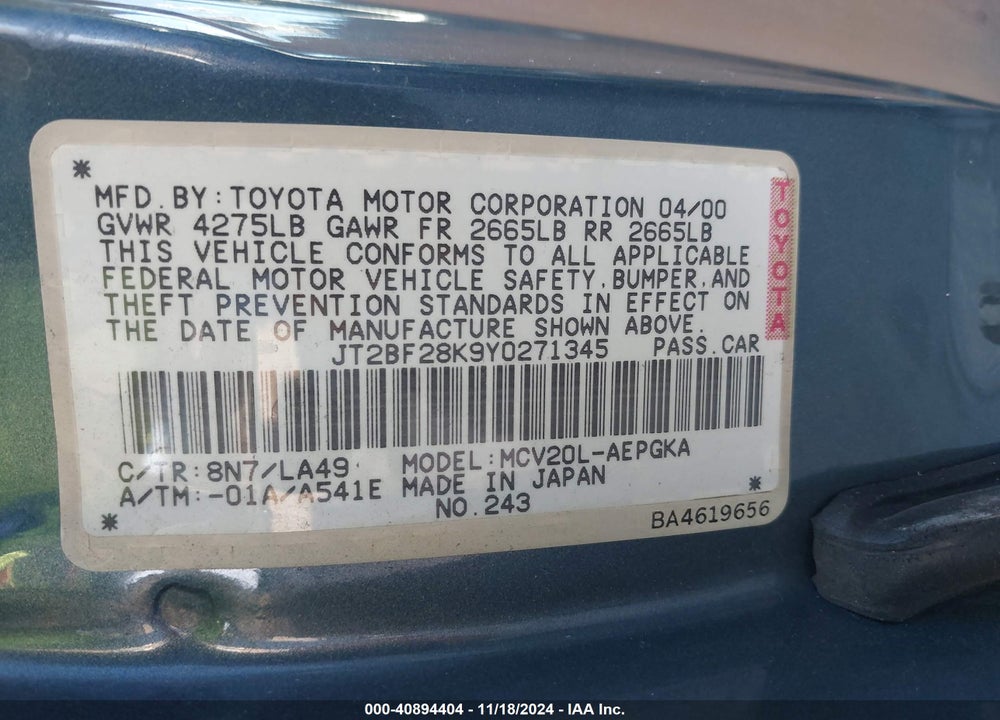 2000 TOYOTA CAMRY XLE V6 VIN: JT2BF28K9Y0271345