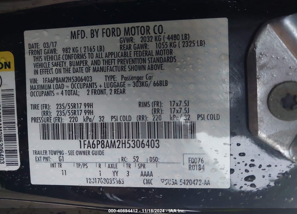 2017 FORD MUSTANG V6 VIN: 1FA6P8AM2H5306403