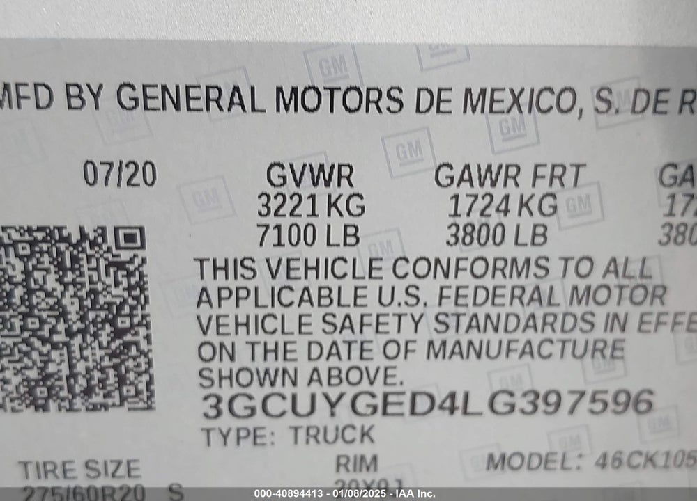 2020 CHEVROLET SILVERADO 1500 VIN: 3GCUYGED4LG397596
