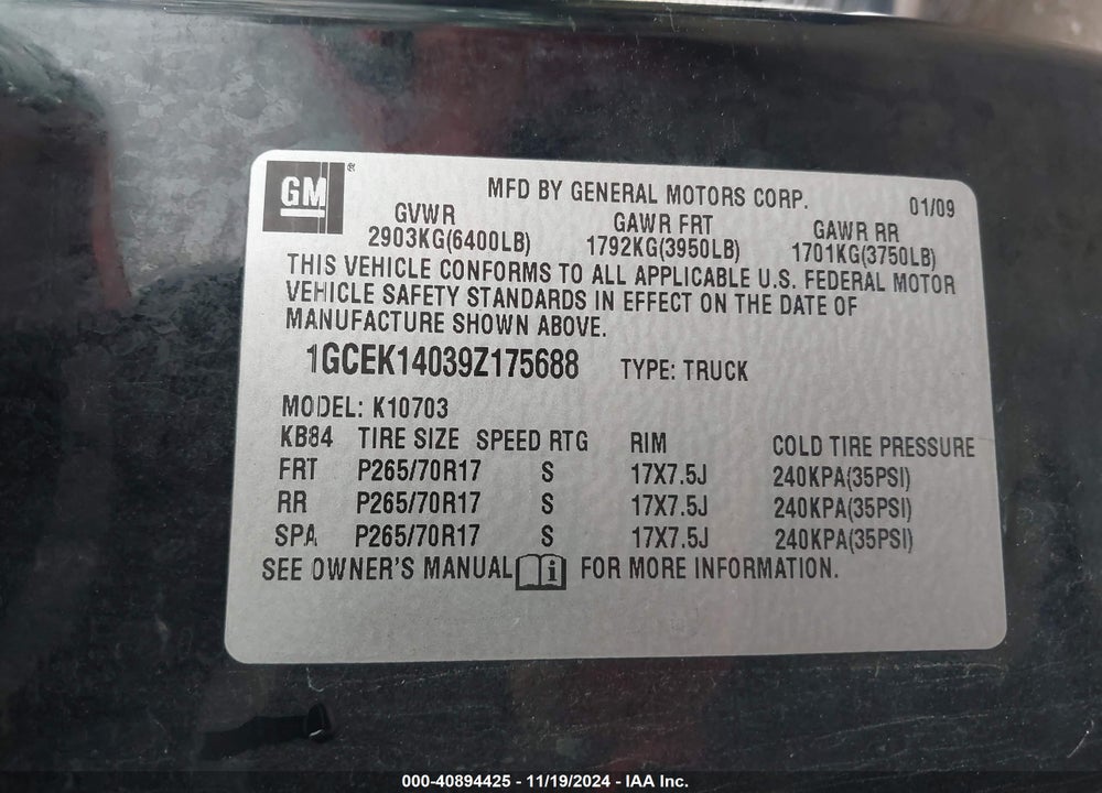 2009 CHEVROLET SILVERADO 1500 WORK TRUCK VIN: 1GCEK14039Z175688
