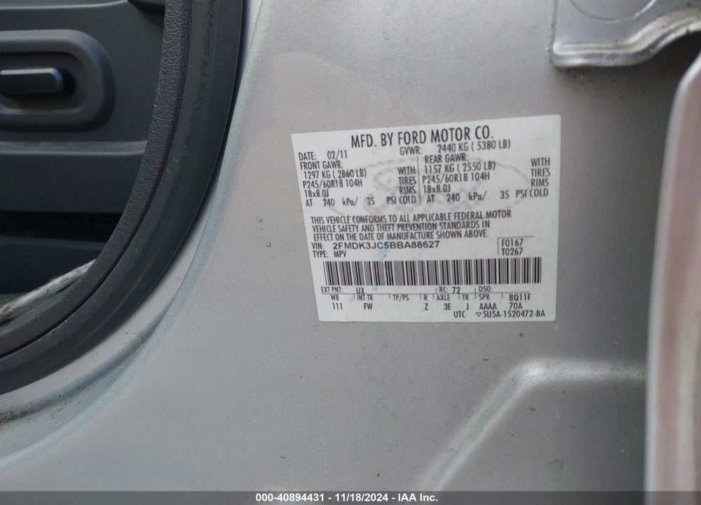 2011 FORD EDGE SEL VIN: 2FMDK3JC5BBA88627
