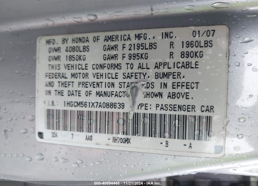 2007 HONDA ACCORD 2.4 VP VIN: 1HGCM561X7A088639