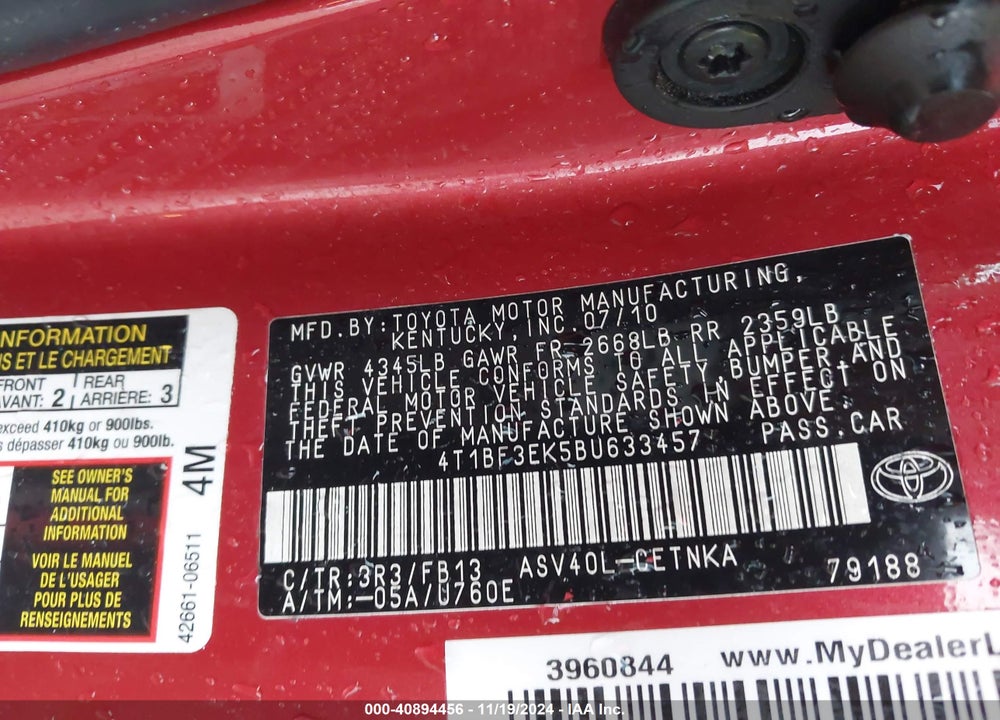 2011 TOYOTA CAMRY LE VIN: 4T1BF3EK5BU633457