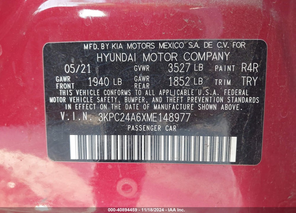 2021 HYUNDAI ACCENT SE VIN: 3KPC24A6XME148977