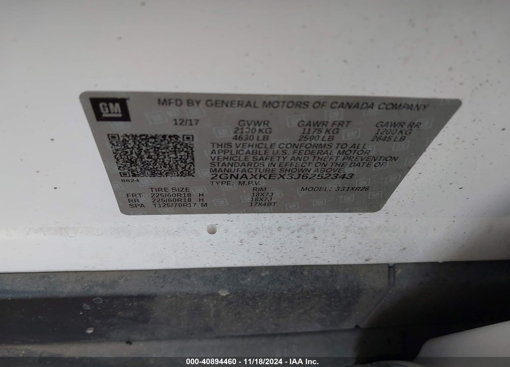 2018 CHEVROLET EQUINOX LT VIN: 2GNAXKEX3J6252343