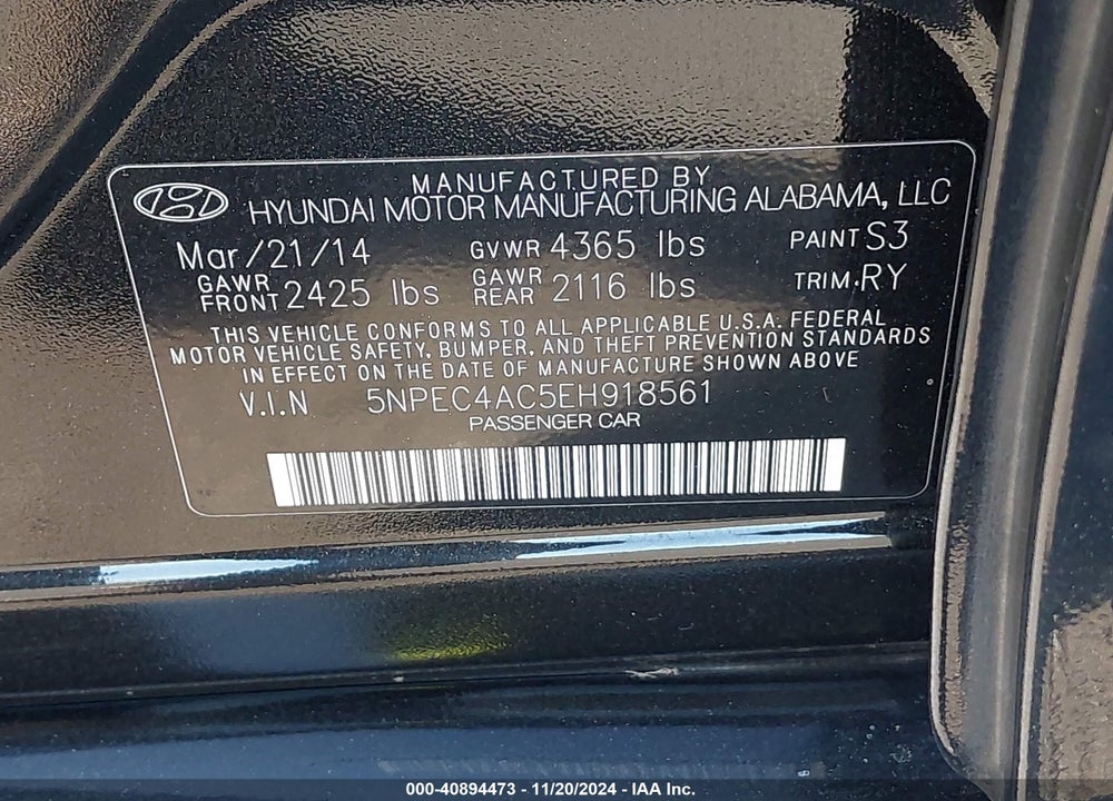 2014 HYUNDAI SONATA SE VIN: 5NPEC4AC5EH918561