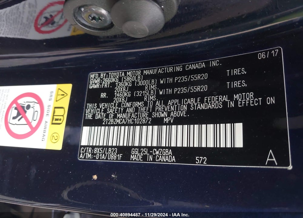 2017 LEXUS RX 350 VIN: 2T2BZMCA7HC102872