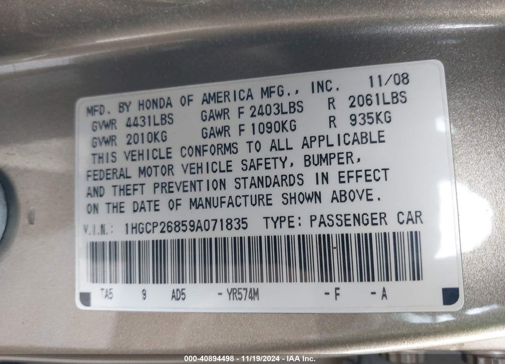2009 HONDA ACCORD 2.4 EX-L VIN: 1HGCP26859A071835