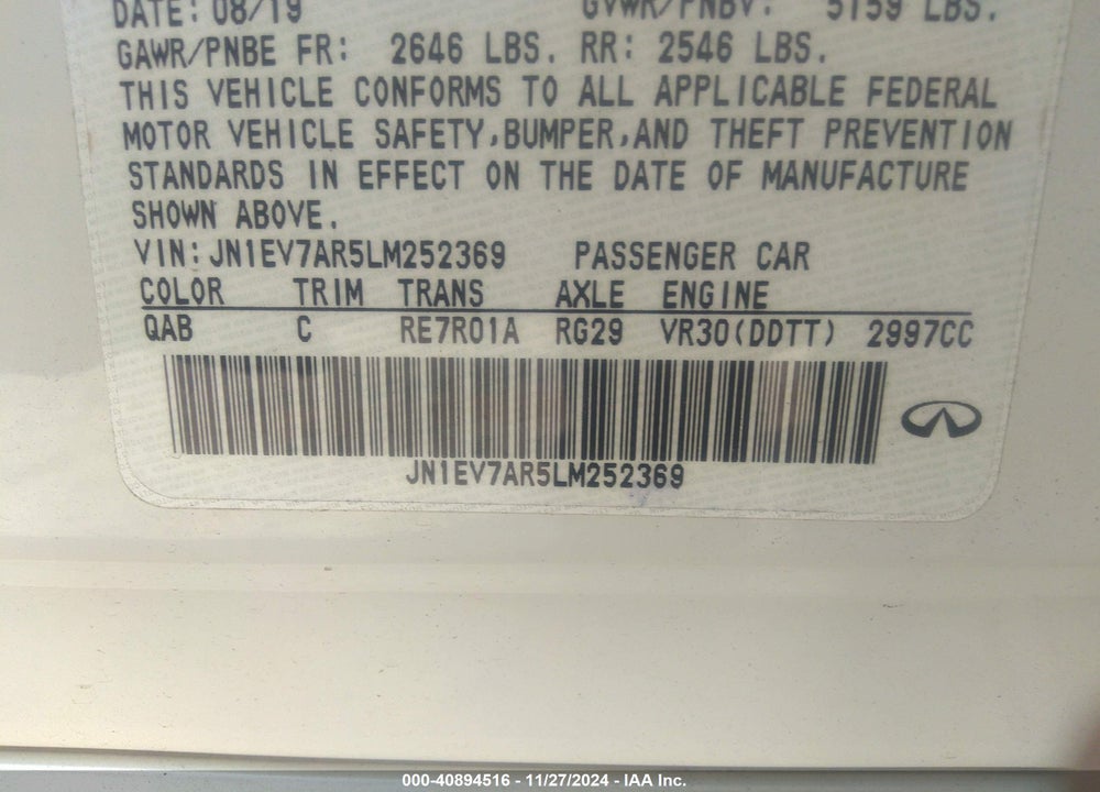 2020 INFINITI Q50 LUXE AWD VIN: JN1EV7AR5LM252369