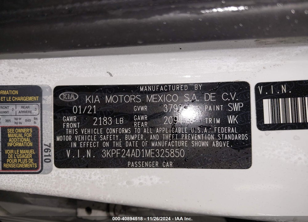 2021 KIA FORTE LXS VIN: 3KPF24AD1ME325850