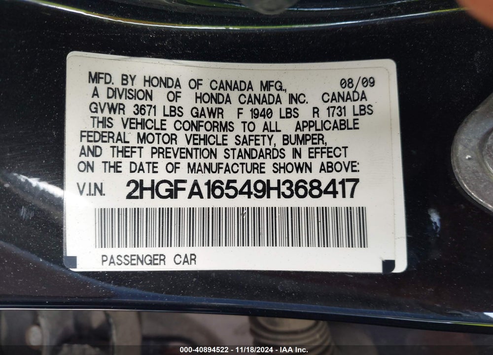 2009 HONDA CIVIC LX VIN: 2HGFA16549H368417