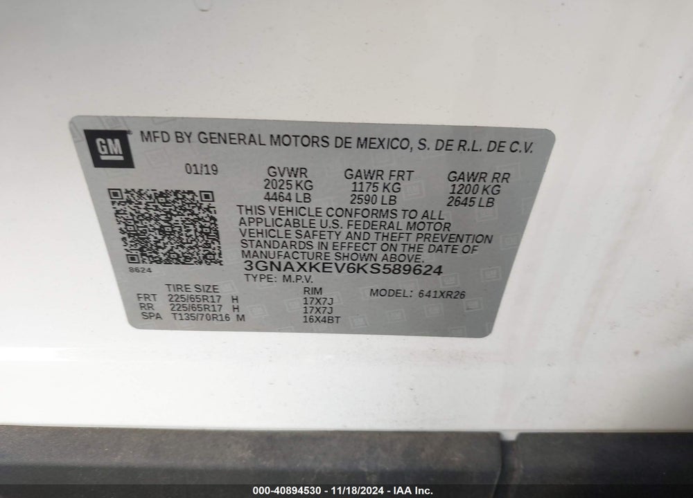 2019 CHEVROLET EQUINOX LT VIN: 3GNAXKEV6KS589624