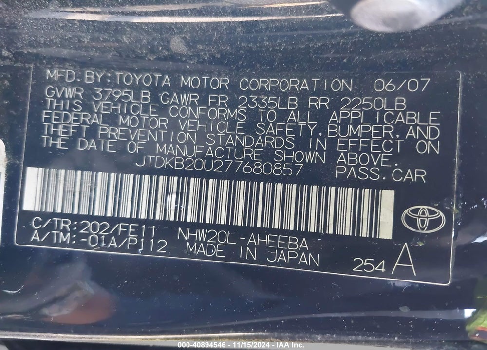 2007 TOYOTA PRIUS VIN: JTDKB20U277680857