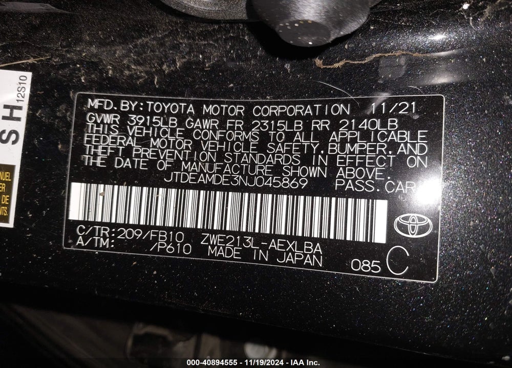 2022 TOYOTA COROLLA VIN: JTDEAMDE3NJ045869