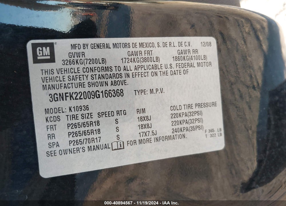 2009 CHEVROLET AVALANCHE 1500 LT2 VIN: 3GNFK22009G166368