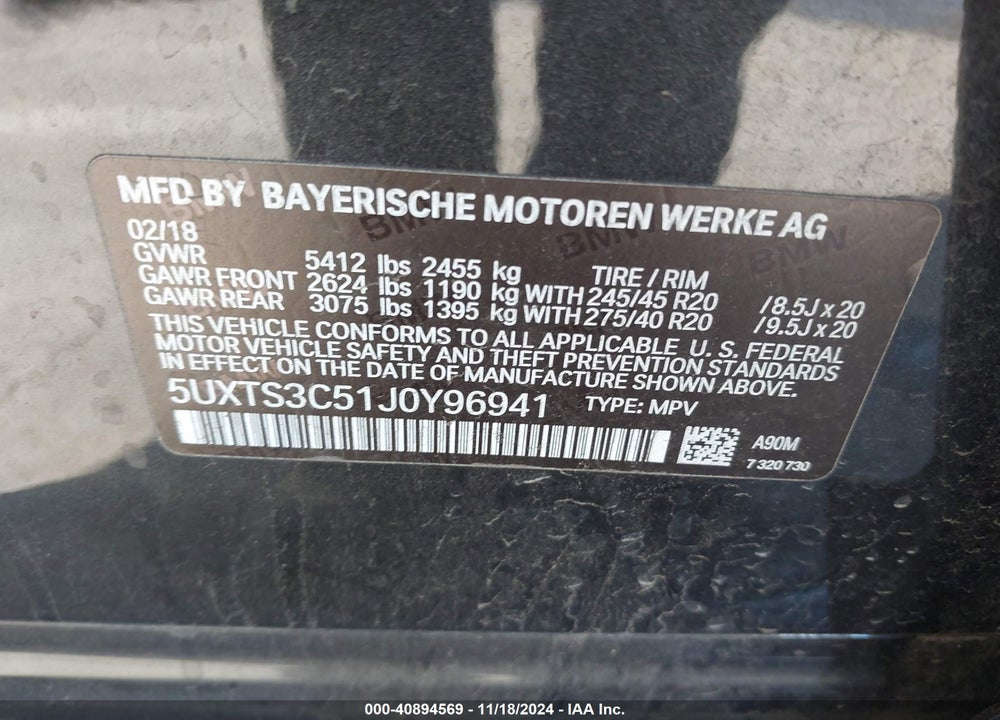 2018 BMW X3 M40I VIN: 5UXTS3C51J0Y96941