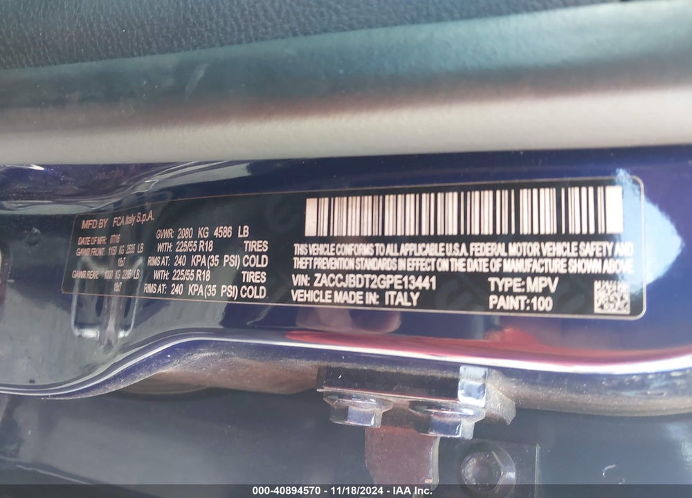 2016 JEEP RENEGADE LIMITED VIN: ZACCJBDT2GPE13441